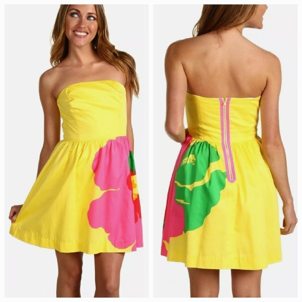 Lilly Pulitzer Lottie Strapless Floral Fit Flare Dress Starfruit Yellow 00 XXS - Picture 6 of 15